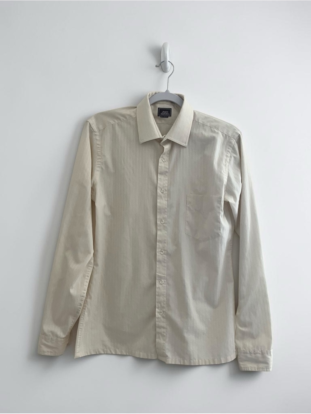 John Henry Men’s Cream Stripe Dress Shirt 15 1/2 34/35 Button Front Long-Sleeve